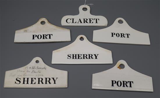 Six 19th century pottery bin labels; three Port, two Sherry and Claret